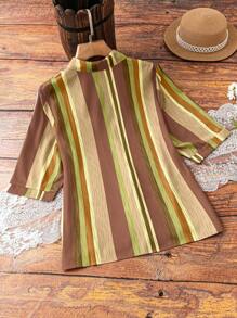 EMERY ROSE Plus Size Mid-Length Striped Simple Casual Shirt - Multicolor - View 2