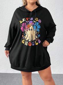 SHEIN CURVE+ Plus Size Cute Pattern Printed Black Hoodie Dress For Halloween - Black - View 6