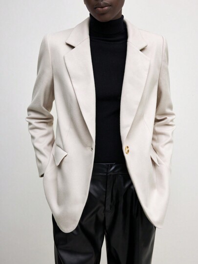 BizChic 女士纯色缺口领长袖前扣口袋休闲通勤西装外套办公室服装