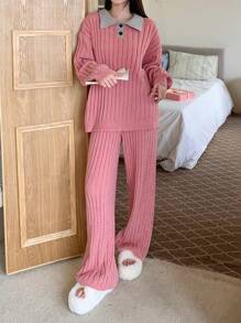 DAZY Knitted Colorblock Lapel Design Loose Homewear Set Fall,Winter Pajama