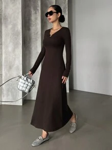 DAZY Women's Casual Solid Color Dress, Suitable For Commuting,Fall Women Clothes Long Sleeve Dress - Brown - View 4