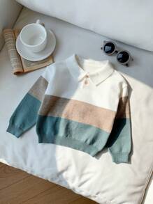 SHEIN 小男孩休闲撞色针织软领拉链长袖毛衣，适合秋冬季通勤、上学、居家、休闲、街头风格、派对和户外