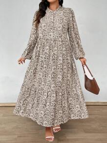 Flirla 加大码全身印花灯笼袖荷叶边下摆连衣裙（无腰带）长款女装 - 彩色 - 查看 1