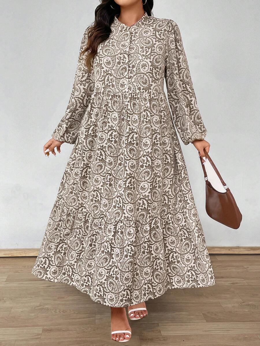 Flirla 加大码全身印花灯笼袖荷叶边下摆连衣裙（无腰带）长款女装 - 彩色 - 查看 1