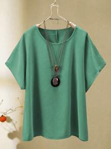 Plus Size Solid Color Round Neck Short Sleeve Top And Bear Print Pants 2 Pieces Set - Mint Green - View 3