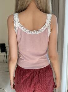 Muchica 女士方领撞色蕾丝细肩带可爱短款背心 - 粉色 - 查看 2