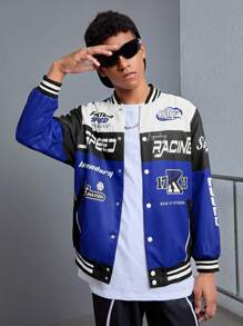 SHEIN 青少年男童休闲拼接撞色棒球夹克，赛车标志印花长袖罗纹腰带运动外套 - 寶藍色 - 查看 5