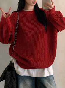 DAZY 纯色圆领长袖简约套头衫秋季毛衣、休闲日常穿着、长袖上衣 - 紅色 - 查看 6