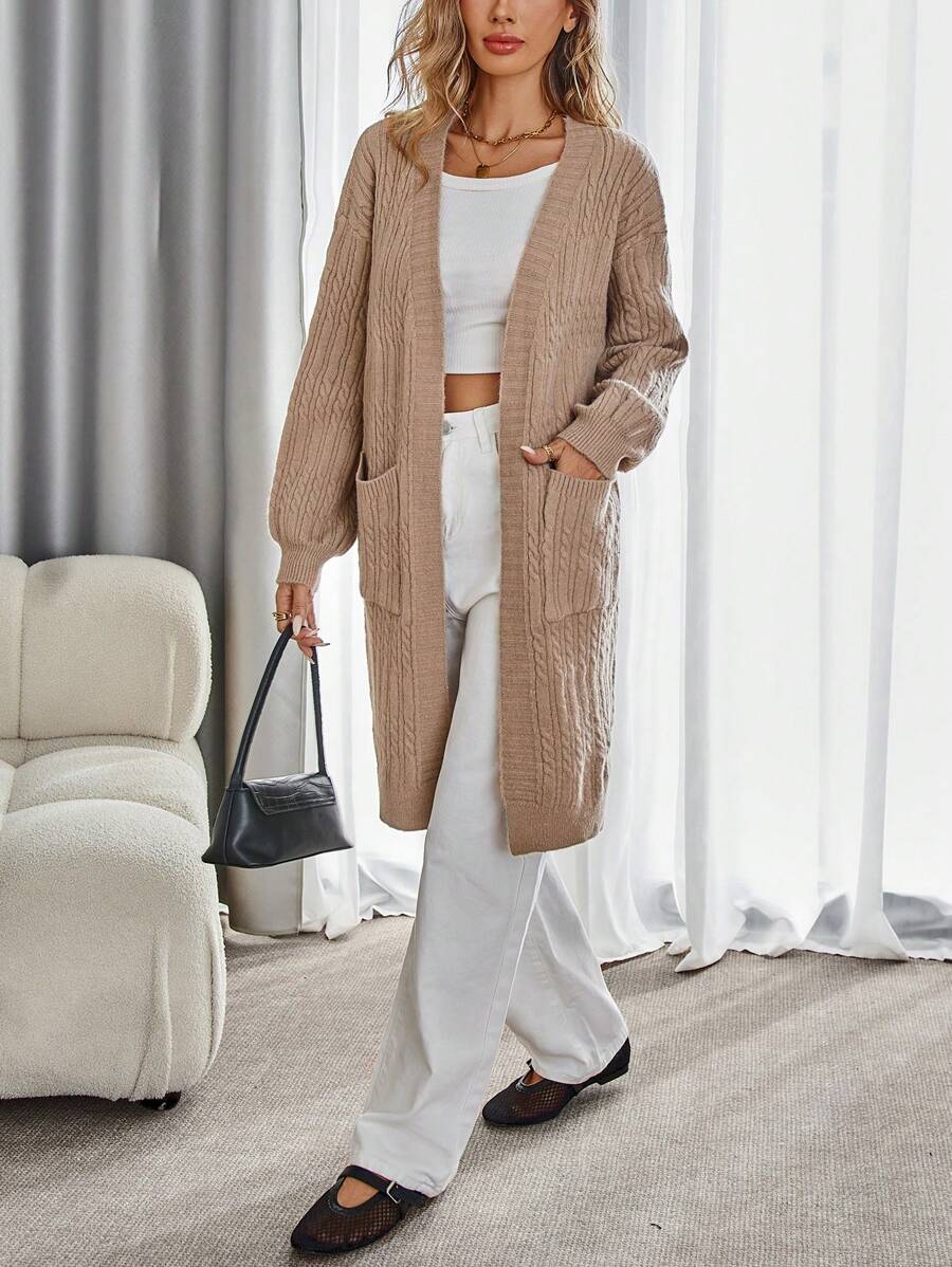EMERY ROSE Loose Casual Cable Knit Cardigan, Knit Pullover Fall Winter - Khaki - View 1