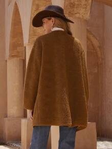 SHEIN Privé Teddy Double-Breasted Round Neck Pocket Mid-Length Coat Fall Cloth For Women - Coffee Brown - View 2