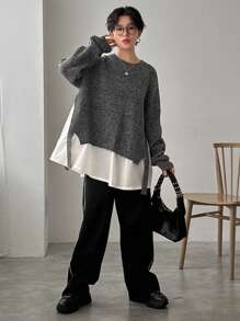 FRIFUL Áo len chui đầu rộng rãi màu tương phản dành cho nữ với thiết kế 2 trong 1 và xẻ tà bên hông - Xám - Xem 4