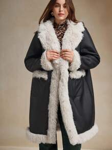 Anewsta Plus Size Women's Fur Trimmed Waist Length Regular Coat - Black - View 5