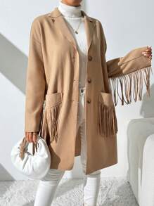 SHEIN Essnce Chaqueta informal de mezcla de lana con flecos para mujer, abrigo de lana natural con flecos crudos para mujer, otoño e invierno - Caqui - Ver 6