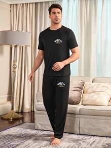 Letter Print Men Short Sleeve Top & Pants Loungewear Set - Black - View 4