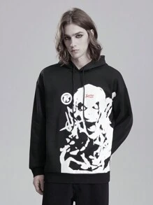 ROMWE MEN Goth Men Casual Drawstring Printed Batwing Sweatshirt, Halloween - Black - View 3