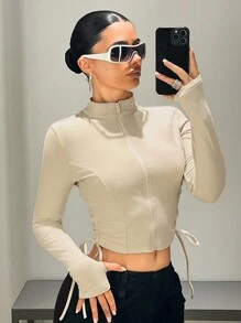 SHEIN ICON Casaco Cropped Slim Fit com Zíper de Manga Longa e Cor Sólida, Conjunto Casual Esportivo de Outono para Mulheres Estilo Y2k - Damasco - Visão 7