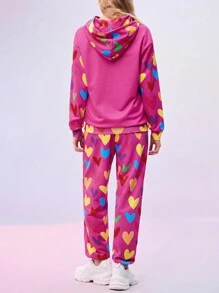 SHEIN X Care Bears Designer Cartoon Bear Heart Printed Drop Shoulder Drawstring Hoodie Sweatshirt And Sweatpants Set, Holiday, Thanksgiving, Festival