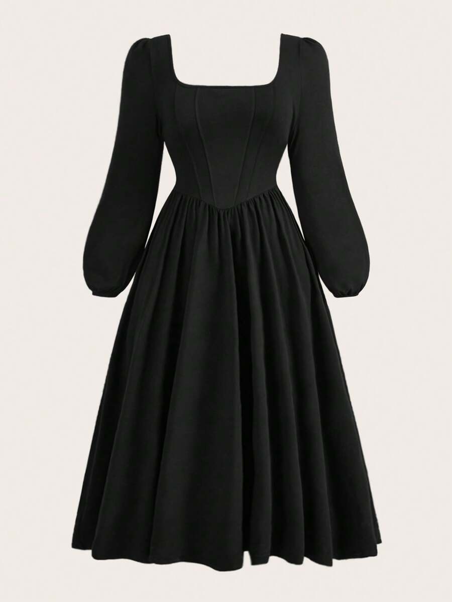 SHEIN MOOSTA 大码女式方领长袖褶皱优雅纯色连衣裙，黑色长款女装 - 黑色 - 查看 1