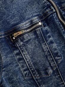 SHEIN 1pc Teen Girl Y2K Blue Denim Motorcycle Jacket,Fall Back To School Cute Clothes Outfits - Dark Wash - View 7