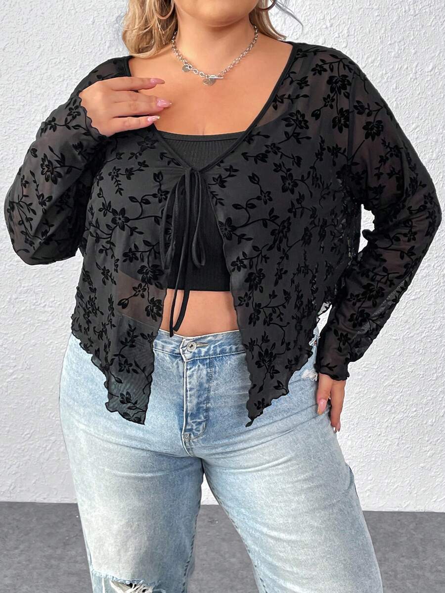 SHEIN CURVE+ Áo cánh họa tiết hoa cỡ lớn cho nữ - màu đen - Xem 1