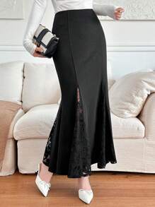 DAZY 女士蕾丝拼接美人鱼黑色半身裙，休闲度假风，荷叶边 - 黑色 - 查看 1