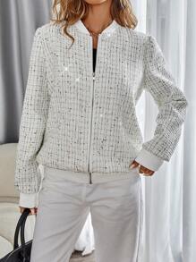 SHEIN Privé Women's Zipper Long Sleeve Fashionable Casual Versatile Shiny Vintage High-End Commuting French Tweed Bomber Jacket, Autumn Fall Cloth For Women - Multicolor - View 2