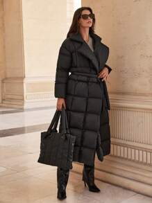 EURMUSE High Very Long Quilted Warm Padded Winter Coat - Black - View 3