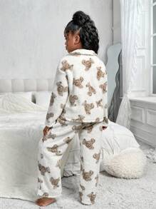 SHEIN 2pcs Tween Girl Cute Bear Pattern Collar Long Sleeve Top And Thermal Lined Pajama Pants Soft & Cozy Winter Sleepwear Sets - Khaki - View 2