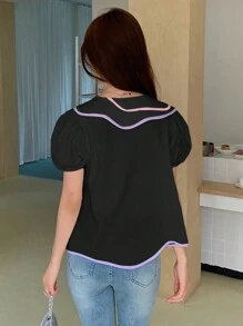 EastFlair 宽松休闲翻领拼色短款泡泡袖衬衫