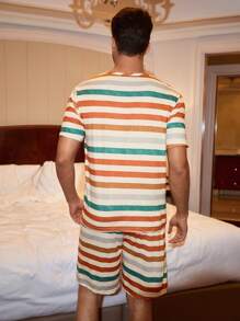 CoupledUp Multicolor Striped Print Short Sleeve Shorts Men Pajama Set - Multicolor - View 7