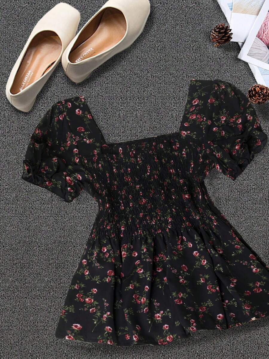 Franclia 女士方领短袖花卉印花衬衫荷叶边上衣 - 黑色 - 查看 1