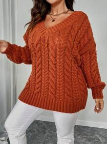 SHEIN Unity Plus Size Solid V-Neck Long Sleeve Minimalist Fall Sweater, Casual Everyday Wear, For Winter Knit Pullover - Orange - View 6