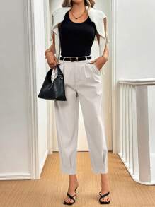 Selianne Women's Elegant Solid Color Pleated Detail Regular Trousers, Autumn - Beige - View 4