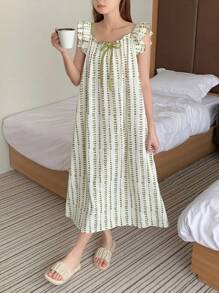 DAZY 全印花荷叶边下摆吊带睡袍 - 綠色 - 查看 1