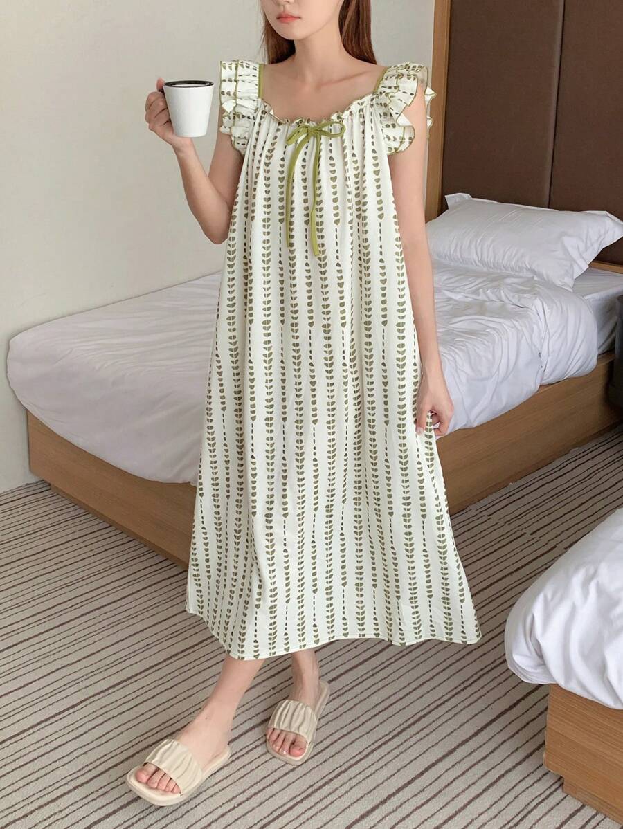 DAZY 全印花荷叶边下摆吊带睡袍 - 綠色 - 查看 1