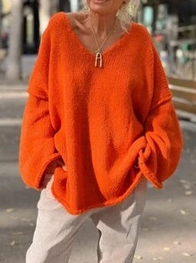 INAWLY 女士纯橙色V领落肩宽松休闲毛衣，秋冬季，七分袖上衣，针织套头衫 - 橘色 - 查看 3