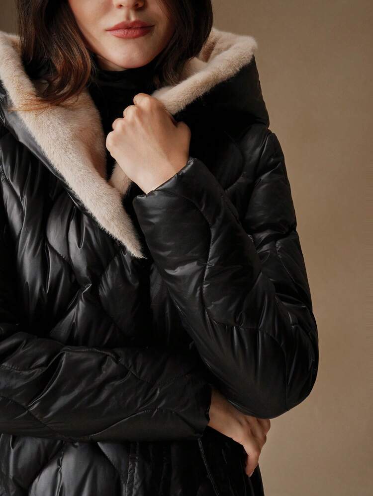 Loose Gourd-Shaped Fuzzy Splicing Long Padded Coat For Women