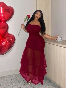 Veslaya Plus Size - Sexy Valentine's Day Mesh Patchwork Ruffle Dress, Prom Dress & Date Night Outfit - Burgundy - View 3