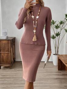 EMERY ROSE 2 件套纯色领长袖简约毛衣和 A 字裙休闲装 - 棕色 - 查看 1