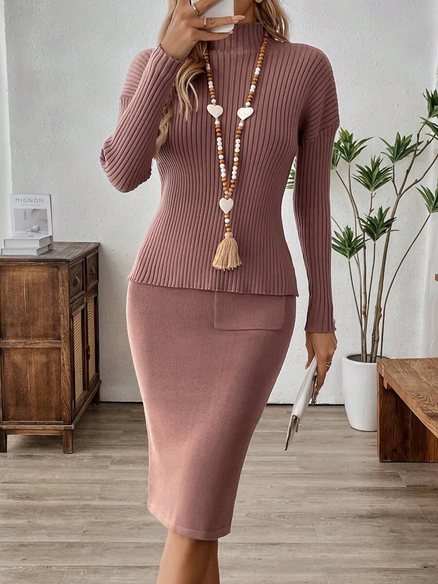 EMERY ROSE 2 件套纯色领长袖简约毛衣和 A 字裙休闲装 - 棕色 - 查看 1