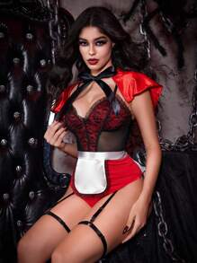 SHEIN Sexy Little Red Riding Hood Contrast Color Cosplay Costume For Women, Halloween - Red - View 3