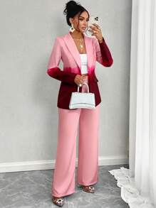SOLERSUN 2pcs/Set Ombre Lapel Neck Single Button Blazer & Pants - Pink - View 6