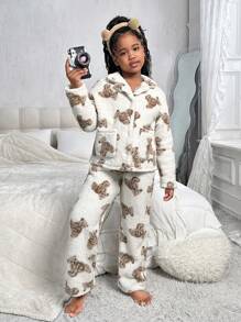 SHEIN 2pcs Tween Girl Cute Bear Pattern Collar Long Sleeve Top And Thermal Lined Pajama Pants Soft & Cozy Winter Sleepwear Sets - Khaki - View 5