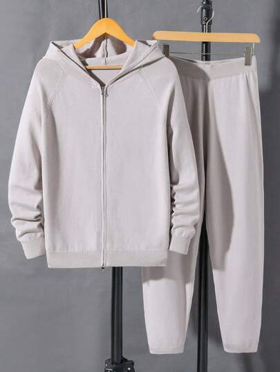 2 piezas Conjunto de chaqueta con capucha y pantalón de sudadera juvenil otoñal nuevo, traje informal de estar en casa de moda