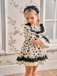 SHEIN Vestido de manga larga con estampado de mariposas, ribete de encaje floral vintage elegante para bebé niña, primavera y otoño - Negro - Ver 4