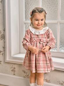 SHEIN Baby Girl Plaid Ruffle Hem Casual Dress For Spring And Autumn - Pink - View 4