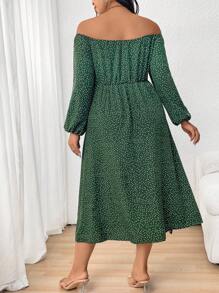 SHEIN Clasi Vestido casual de hombros descubiertos con estampado de lunares, tallas grandes, primavera y otoño