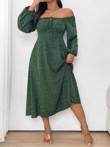SHEIN Clasi Vestido casual de hombros descubiertos con estampado de lunares, tallas grandes, primavera y otoño