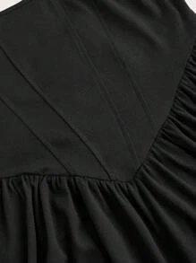 SHEIN MOOSTA 大码女式方领长袖褶皱优雅纯色连衣裙，黑色长款女装 - 黑色 - 查看 5