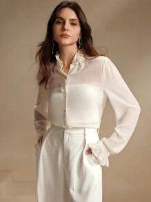 Anewsta 女士优雅手工花卉领装饰宽松轻便长袖衬衫，秋冬，长袖上衣 - 杏色 - 查看 3